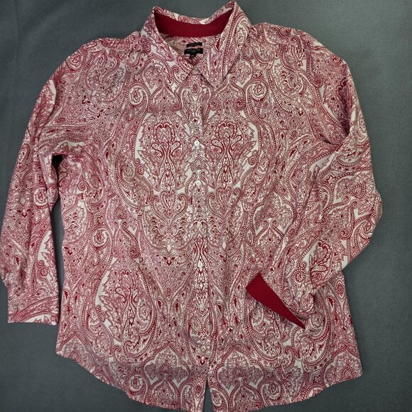 Talbots Shirt Womens 18W Red White Paisley Wrinkle Resistant Button Front Top - Picture 3 of 12
